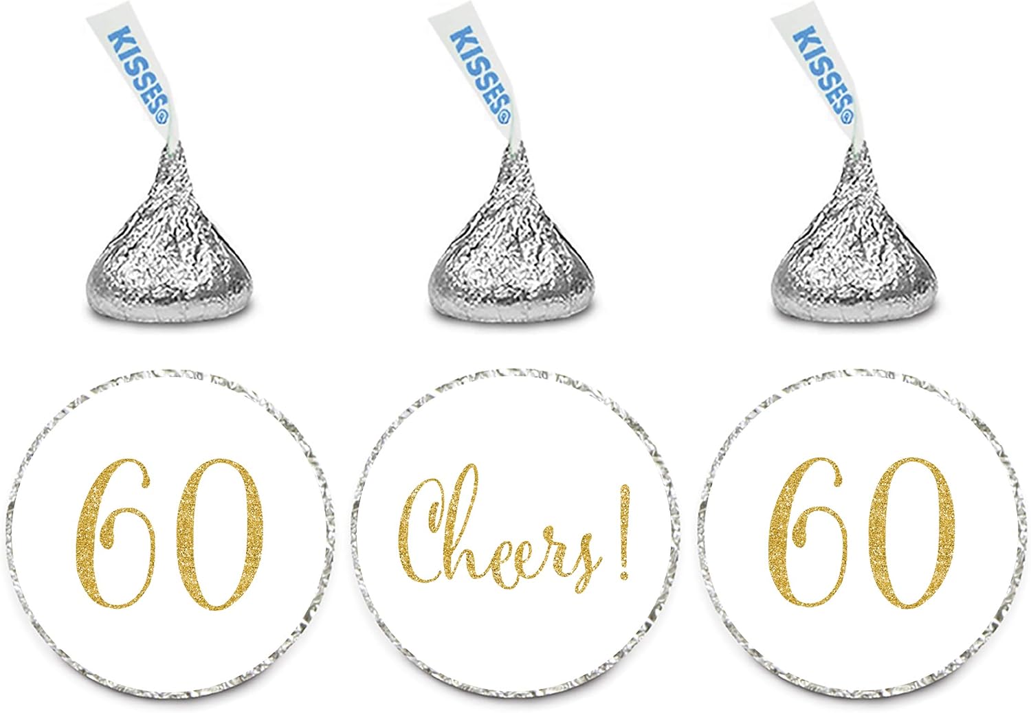 Andaz Press Gold Glitter Print Chocolate Drop Labels Stickers, Cheers 60, Happy 60th Birthday, Anniversary, Reunion, White, 216-Pack, Not Real Glitter, for Kisses Party Favors