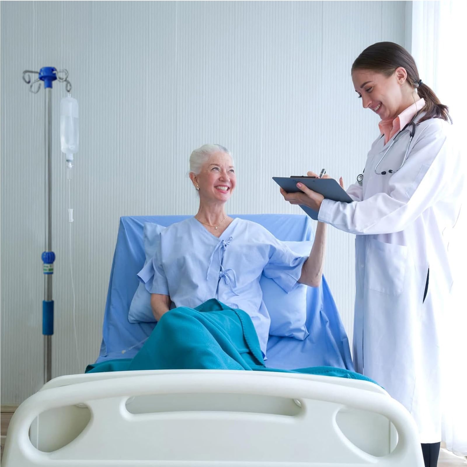 Stojak na Kroplówki Stojak na Kroplówki ze Stali Nierdzewnej z 4 Haczykami 5 Nóg do Przechowywania Worków na Kroplówkę, Regulowana Wysokość Dla Kliniki Szpitalnej(Color:Blue b)