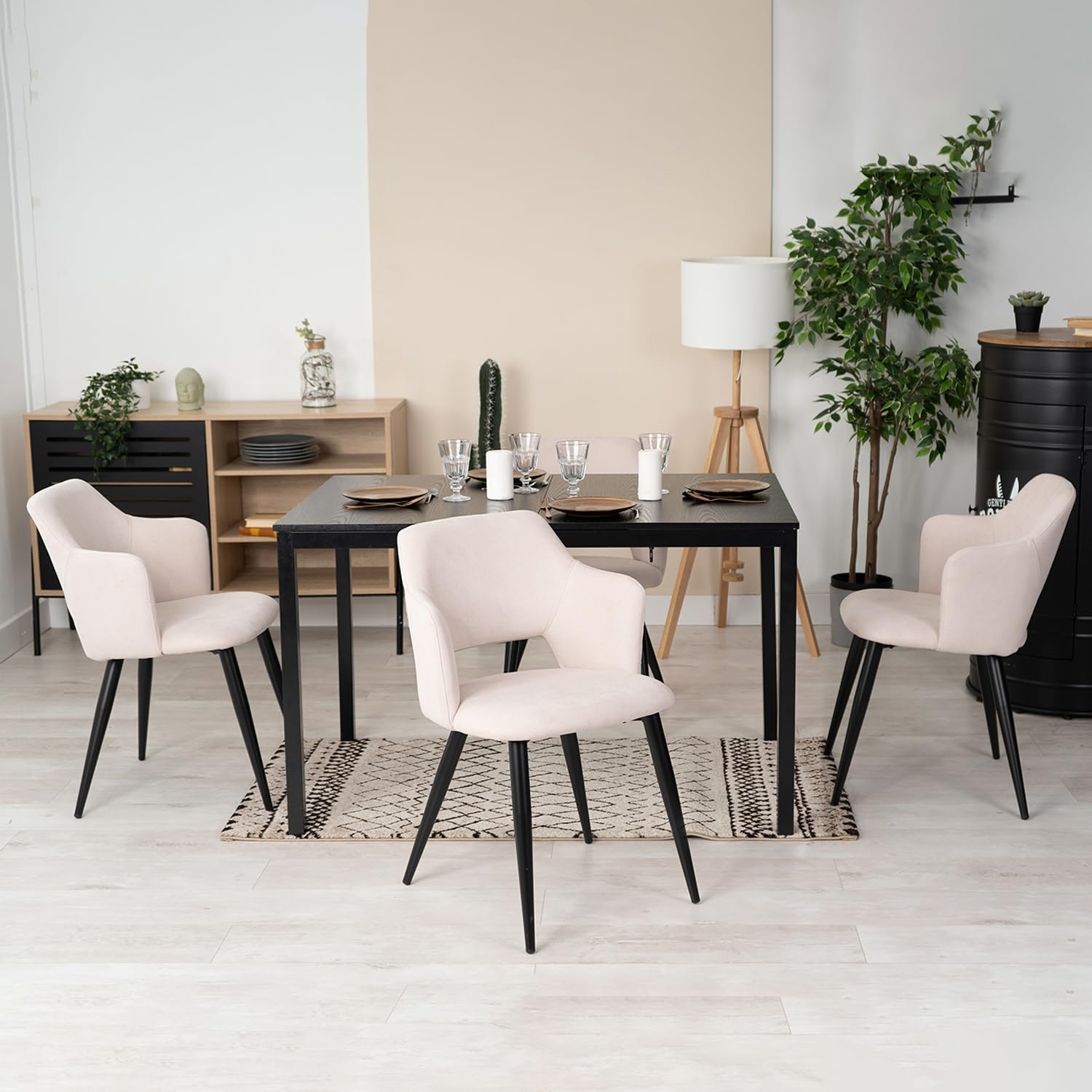 MEUBLE COSY Set di 2 Sedie da Pranzo Scandinavo Imbottito con Schienale Braccioli in Tessuto per Cucina Sala Soggiorno, Beige, 48x54.5x80cm