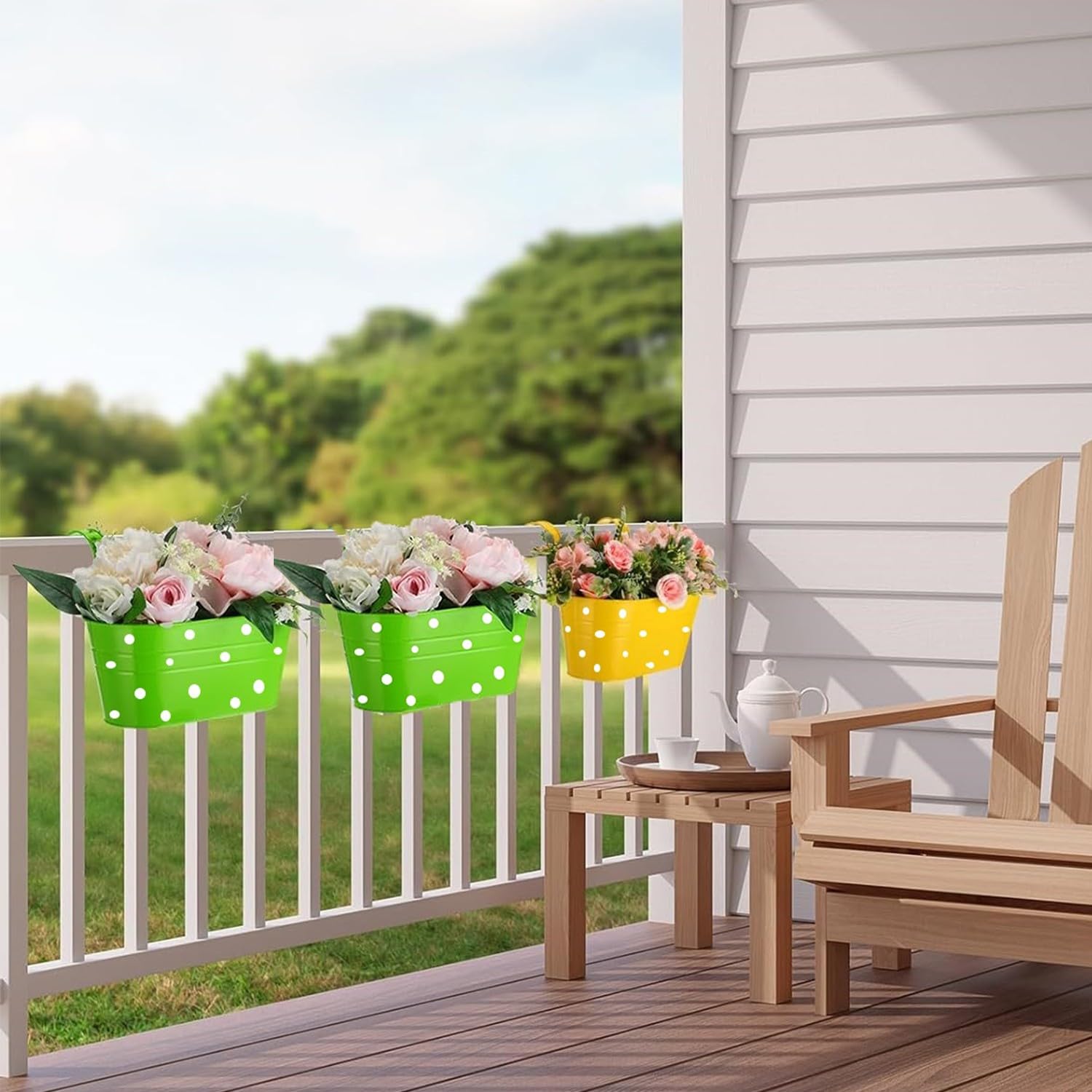 4 fioriere da appendere con ringhiera in metallo con foro di drenaggio, secchio da appendere per piante, con doppi ganci rimovibili, fioriera ovale per giardino, balcone, decorazione (verde)