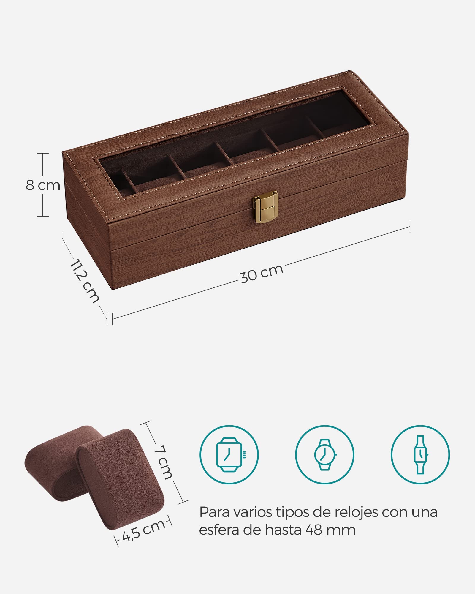 SONGMICS Caja de Relojes 6 Compartimentos, Estuche con Tapa de Cristal, Cuero Sintético Marrón JWB006K01
