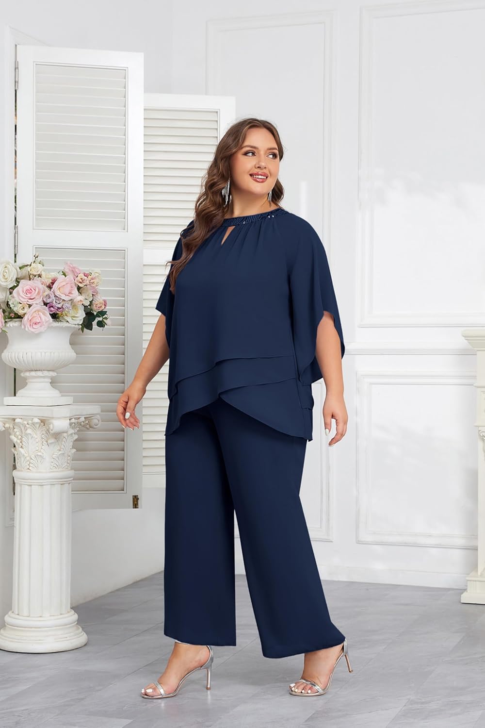 Hanna Nikole Mother of Bride Pant Suits Plus Size Half Sleeve 2 Piece Chiffon Pantsuit Formal Wedding Guest Outfit - Image 5