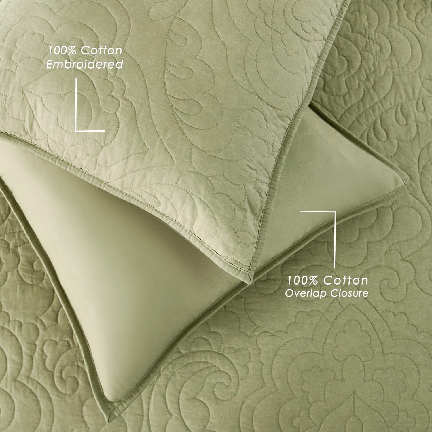 Querencia 100% Cotton Euro Sham Covers Set of 2-26x26 Pillow Covers, European Pillow Shams, Quilted Large Bed Pillow Square, Decorative Paisley Quilting, Farmhouse Cottage (Sage Green)
