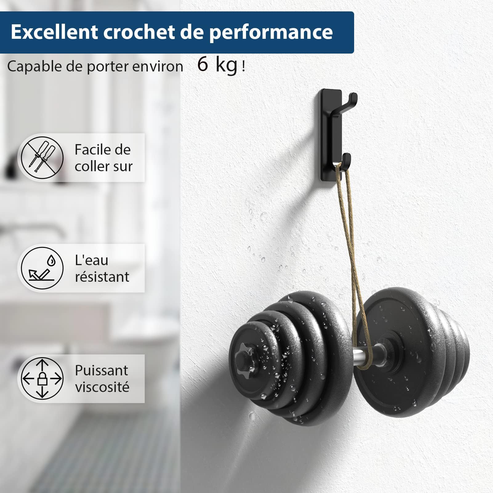 Pickpiff Porte Serviette Adhésif Mural Salle de Bain, Accroche Torchon Cuisine, Sans Percer, Etanche, Antirouille, Noir, 4 Pièces