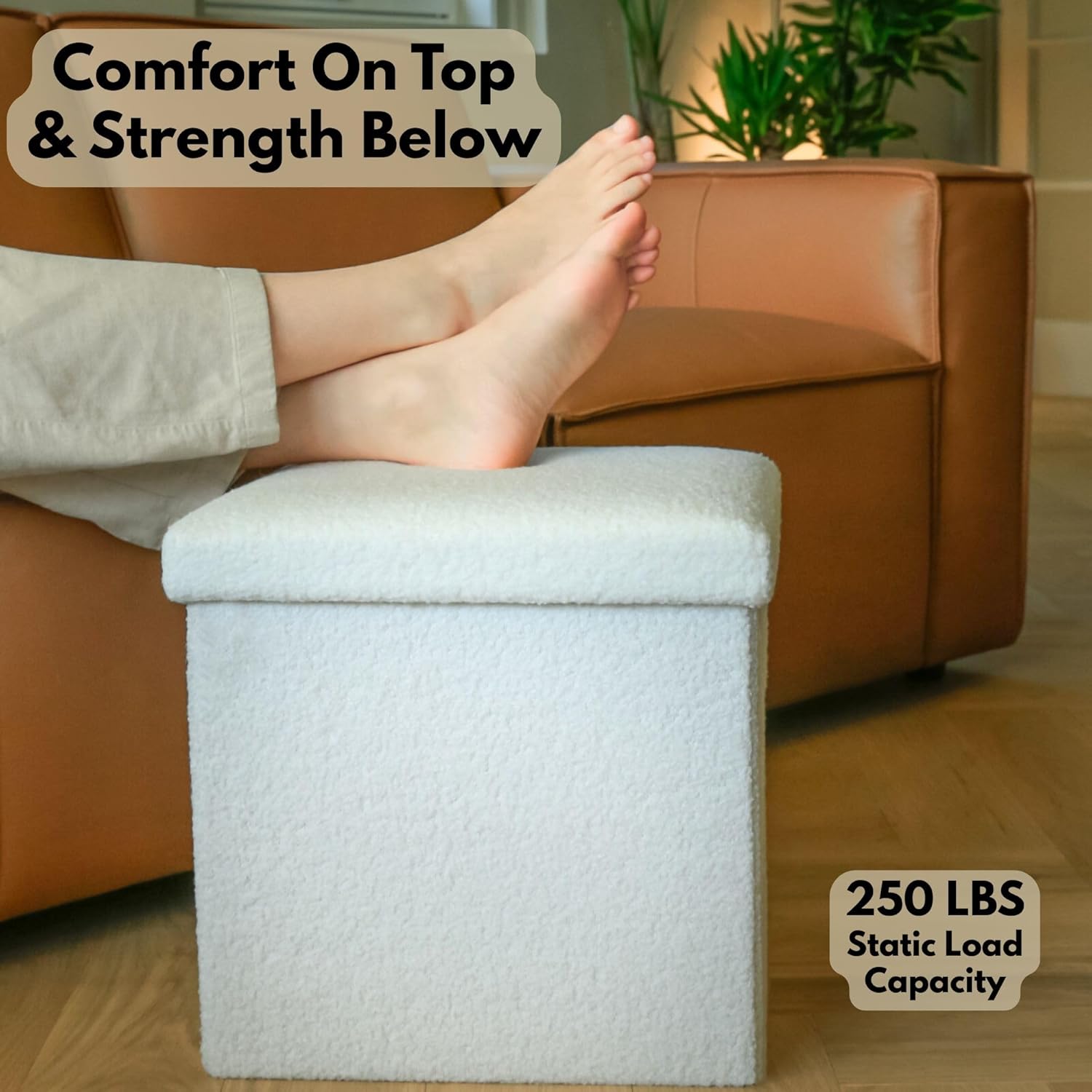 Luxe L 100% Faux Fur White Go-Poufs Medium Cube Teddy Boucle Storage Ottoman, 15"x15"x15" Knock-Down Easy Setup Modern Rustic Traditional Minimalist Contemporary Bedroom Living Room Nursery Foot Rest