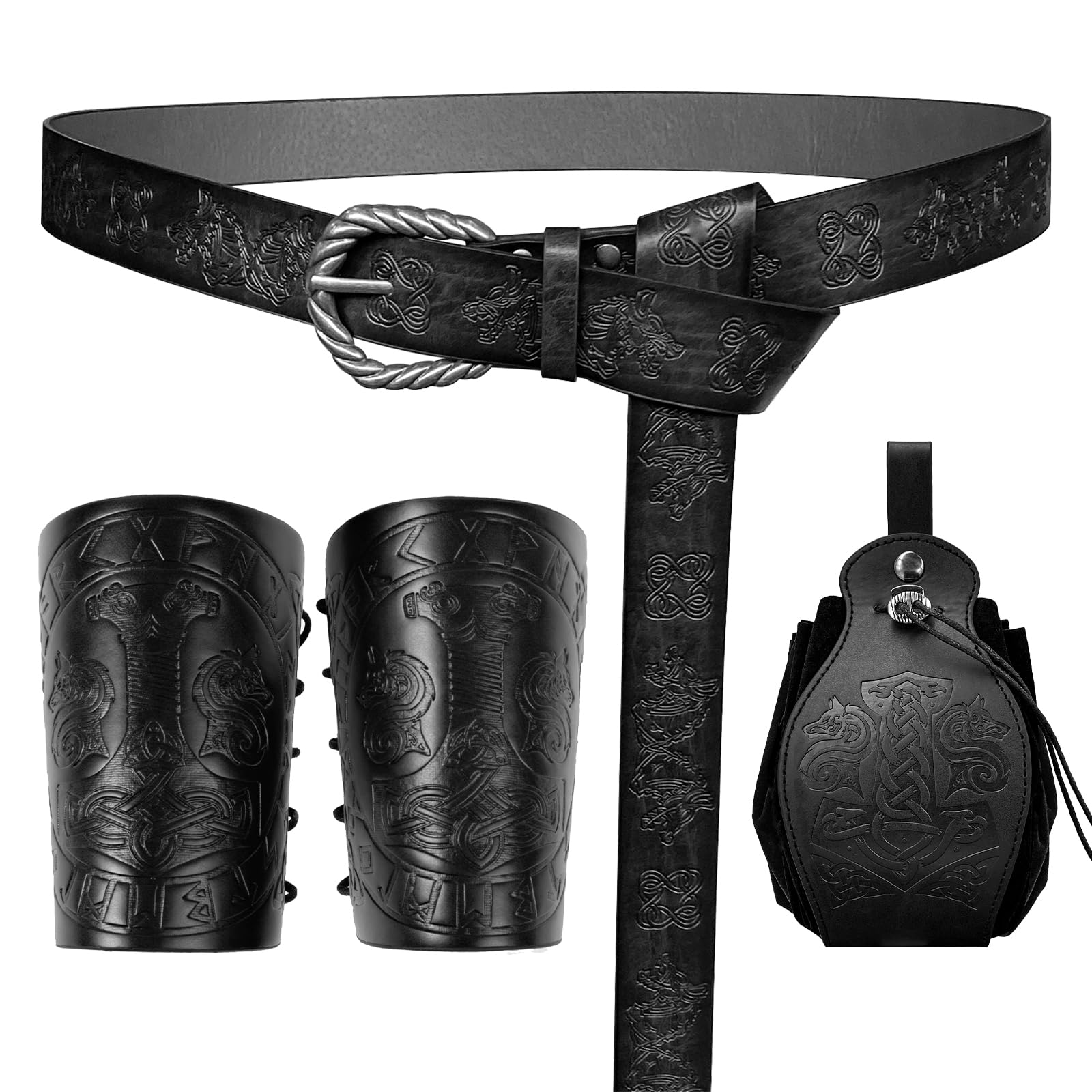 EpicCos Viking Wolf Head Belt Set Embossed Mjolnir Bracers&amp;Pouch for LARP
