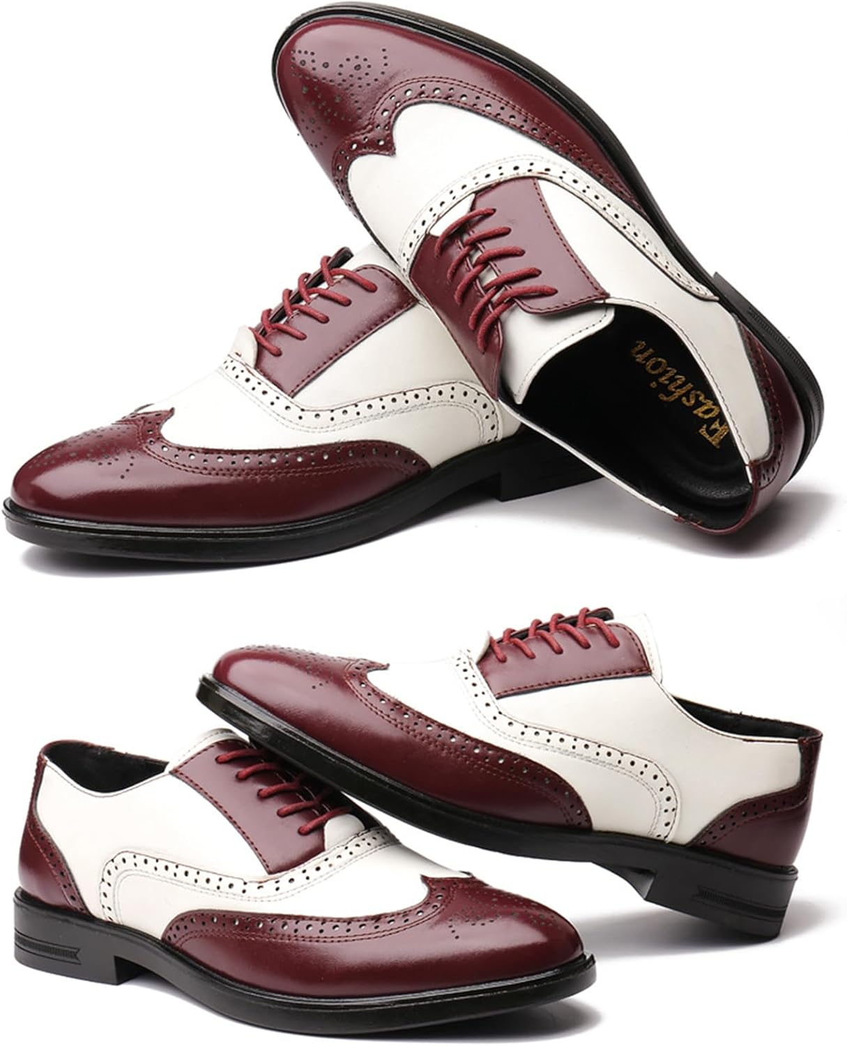 Men's Patchwork Two Tone Brogue Oxfords Shoes Fashion Hand Stitched Leather Dress Shoes Round-Toe Lace up Low Top Business Formal Derby Shoes - Image 3