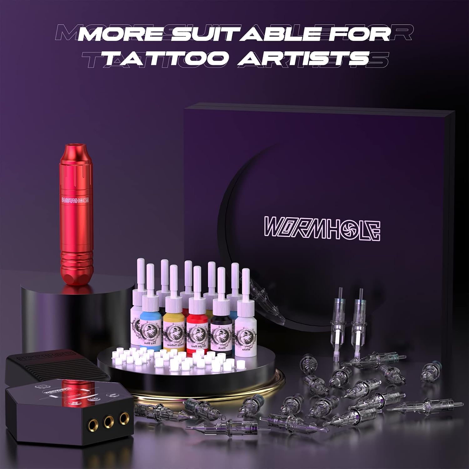 Tattoo Kit, Wormhole Tattoo Machine Kit Rotary Tattoo Machine Kit 20pcs Tattoo Cartridge Needles 10pcs Tattoo Ink Complete Tattoo Pen Kit for Beginners and Artists WTK144