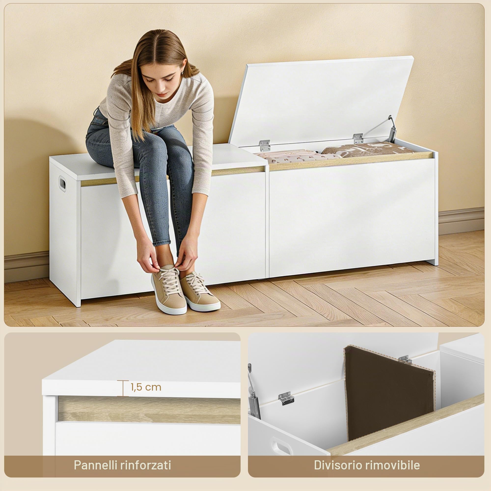 Hzuaneri 150cm Panca Contenitore, Cassapanca con doppia anta, Panca portaoggetti Salvaspazio, per Soggiorno, Ingresso e Camera da Letto, 40 x 150 x 47 cm, Bianco SB21503X