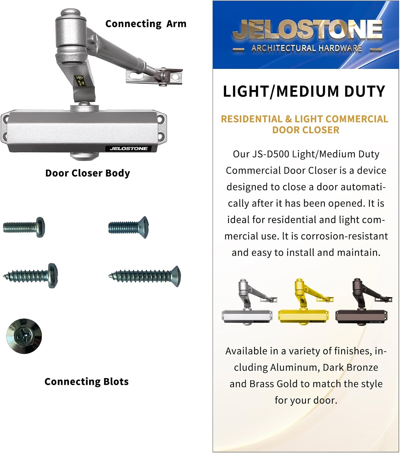 Light/Medium Duty Residential & Light Commercial Door Closer JELOSTONE D500, Fixed Size #3 Spring Power and 2 Valves Door (55-150LB/33-36 in), UL 3 Hour Fire Rated, Indoor/Outdoor (Aluminum)