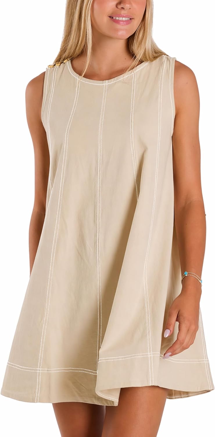 Women’s Sleeveless Mini Dress Casual A-Line Swing Dress with Pockets Contrast Stitching Lightweight Summer Tank Dress