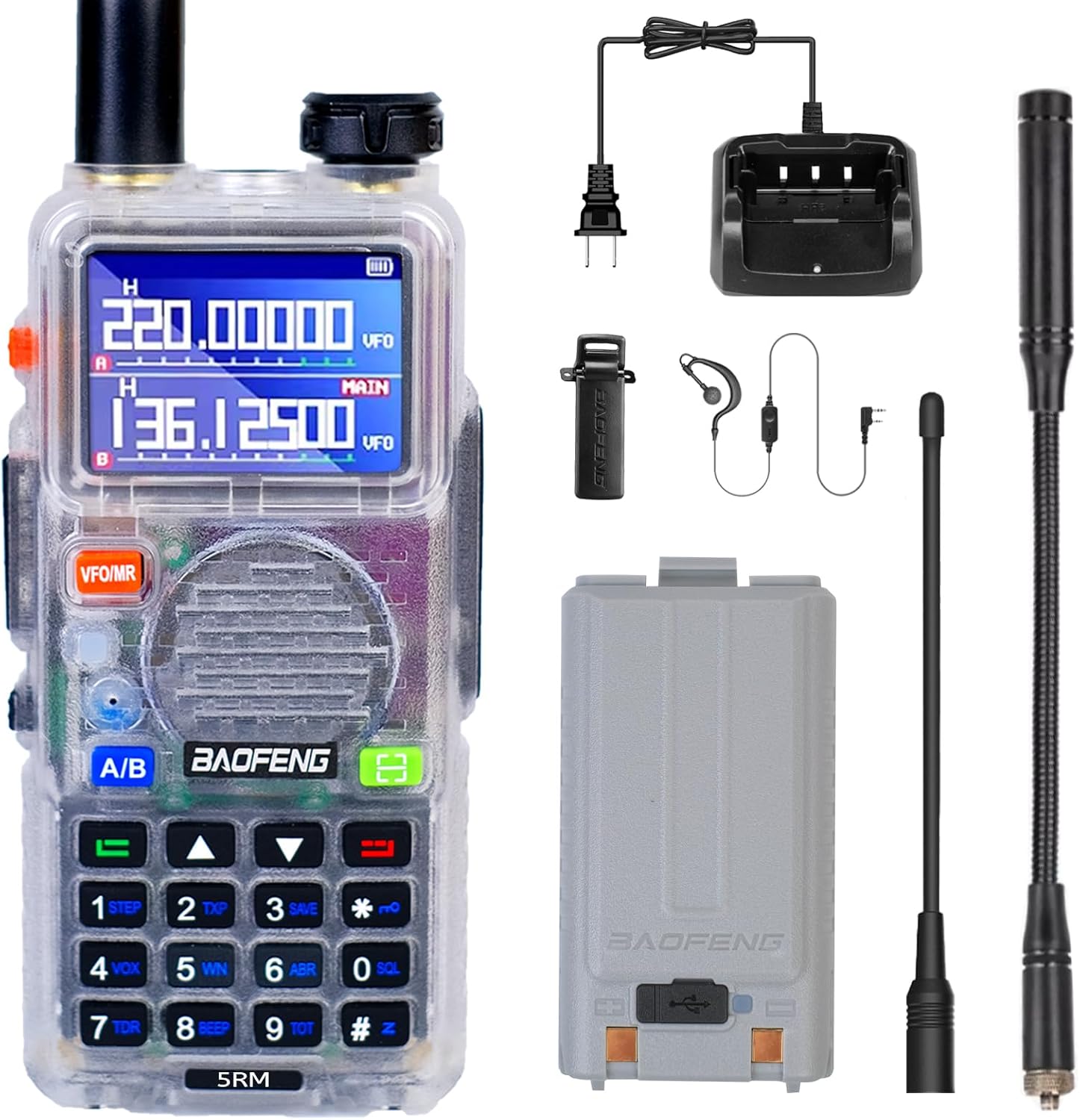 BAOFENG 5RM 10W NOAA Emergency 2500mAh Battery 999CH Ham Radio High Power Long Range Walkie Talkies Handheld Survival Gear Hunting Camping (1pack) (Clear)