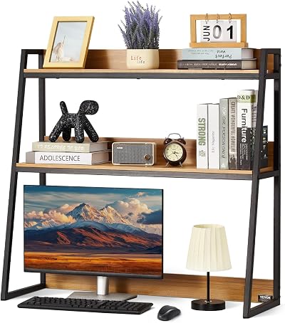 VEVOR Desktop Bookshelf, 2-Tier Desktop Storage Organizer, 37.4" x 12.6" x 35.4" Office Storage Rack Wood Color Display Shelf, Desktop Bookshelf Hutch with Anti-Slip Feet Pads, for Office, Home & Dorm