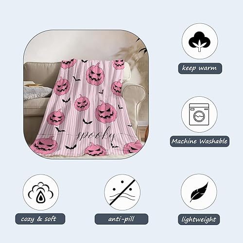Miniatura 5 de Neatee Living Manta de Halloween con diseño de calabazas espeluznantes, color rosa, bonita, ligera, mullida, acogedora, suave, manta de forro polar