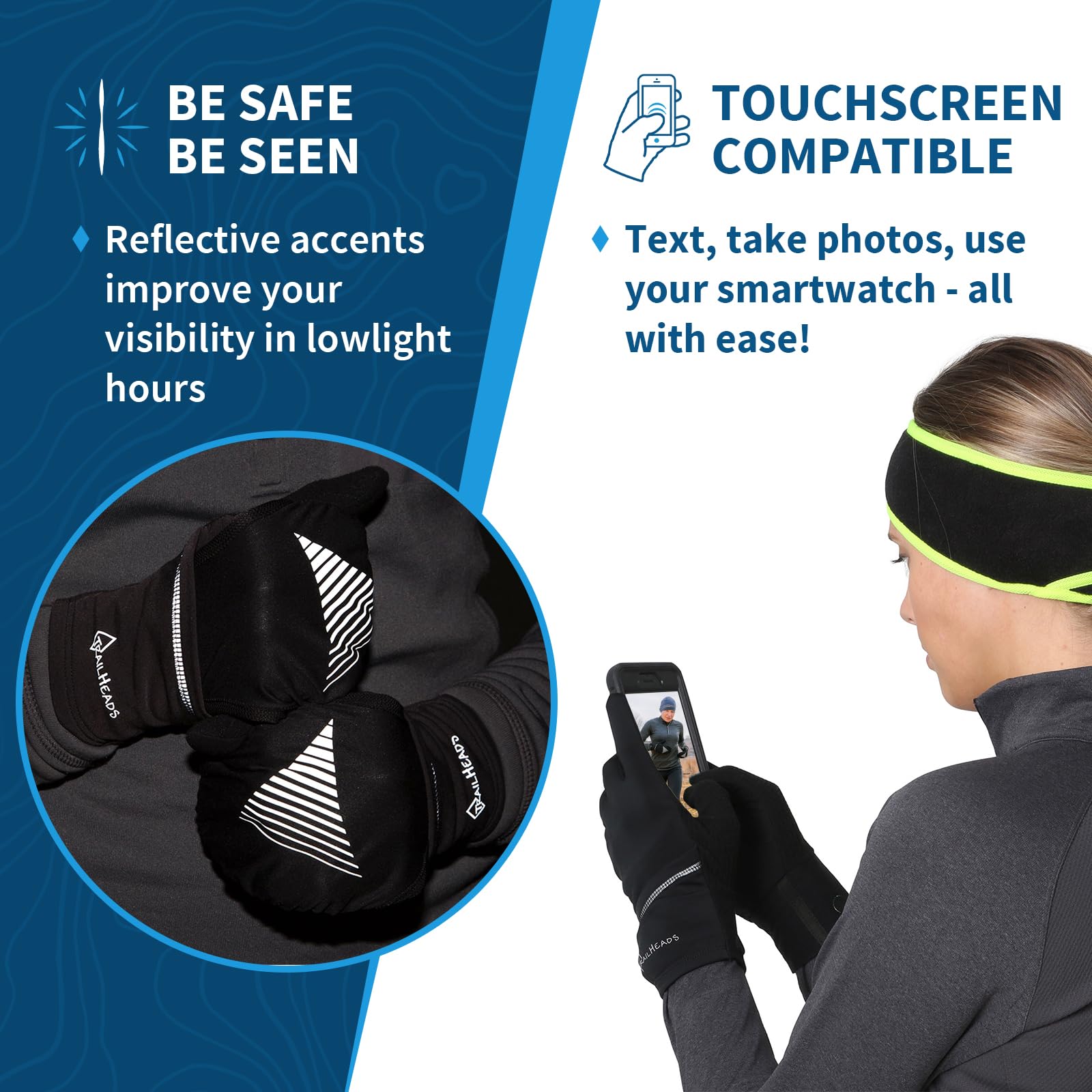 Guantes de pantalla táctil para mujer con carcasa reflectante impermeable - Guantes de correr convertibles invierno - Negro/Reflectante (Pequeño/Medio)
