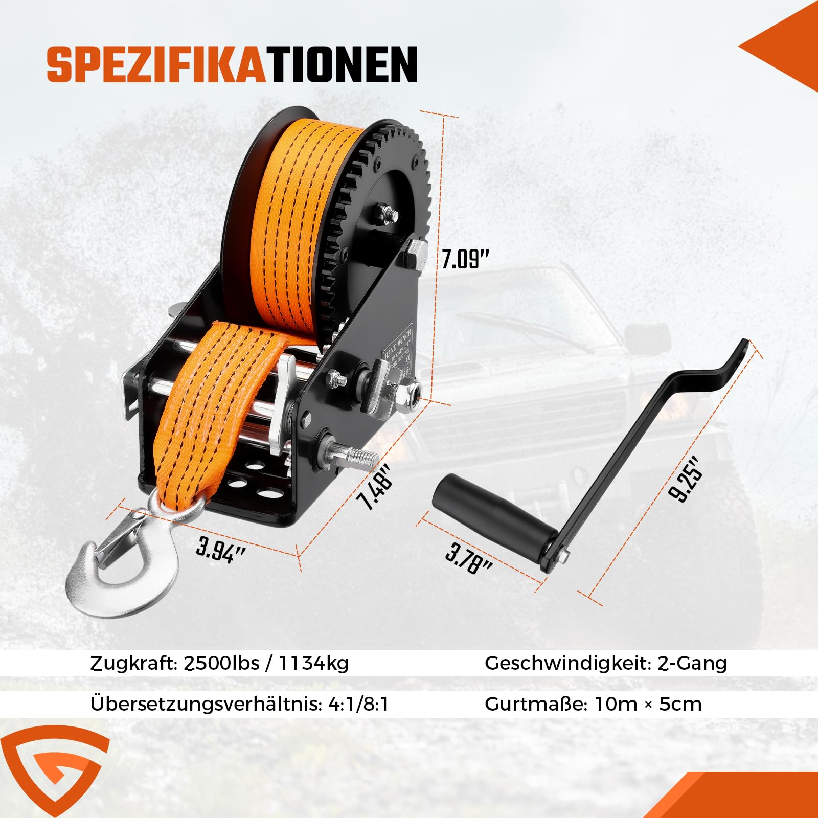 GEARMONSTER Handseilwinde 1134kg 2500LBS 10m Gurtband 4:1 8:1 Bootswinde | Zwei-Wege-Ratsche, Handkurbel, Bremse, Polyester Gurtband, Trailer, Anhänger, Boot, Gurtswinde, manuelle Seilwinde