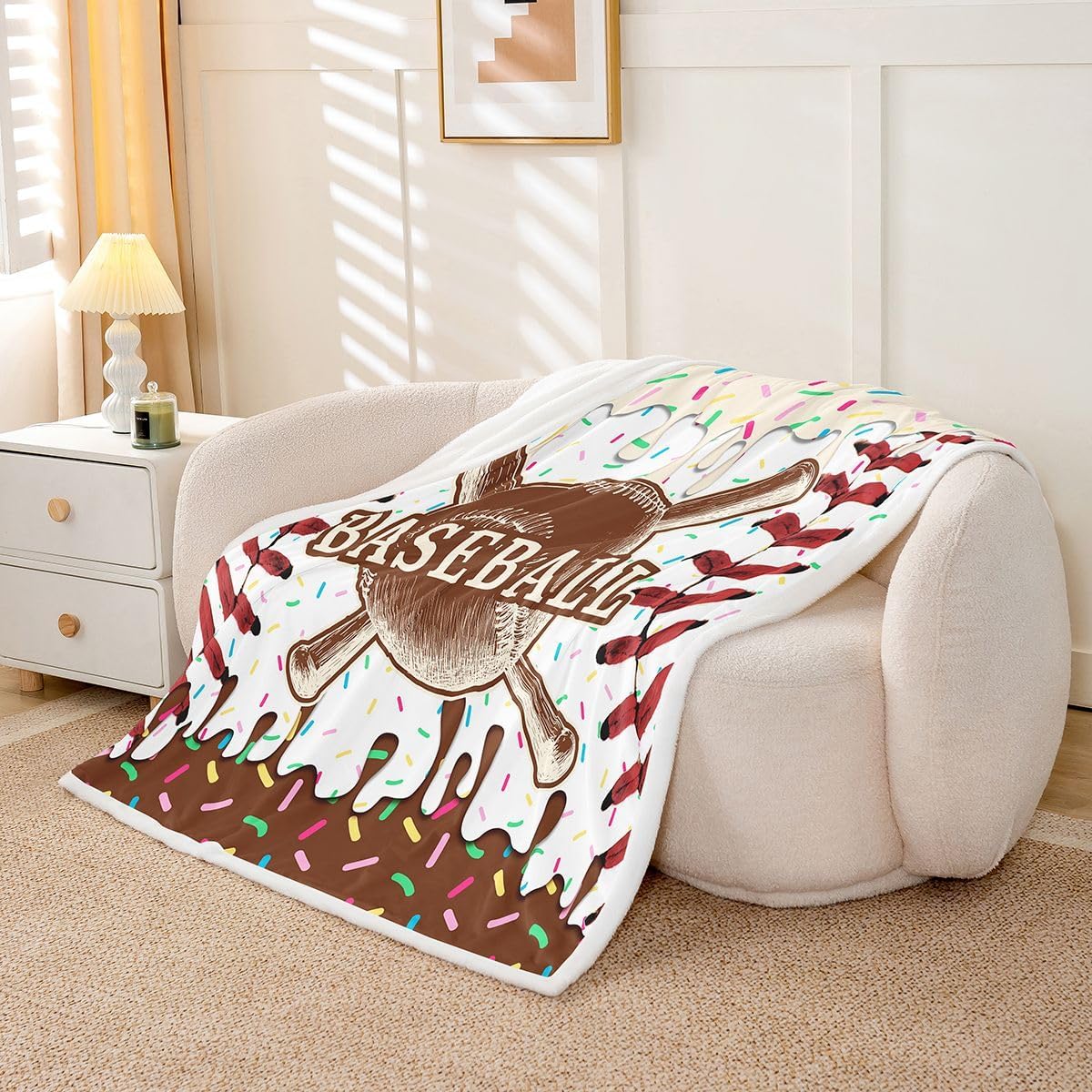 Erosebridal Baseball Kids Sherpa Blanket Sport Ice Cream Baby Size Fuzzy Plush Throw for Boys Teens Youth Baseball Gaming Fleece Blanket Cute Colorful Dessert Candy Decor for Sofa Couch, Green