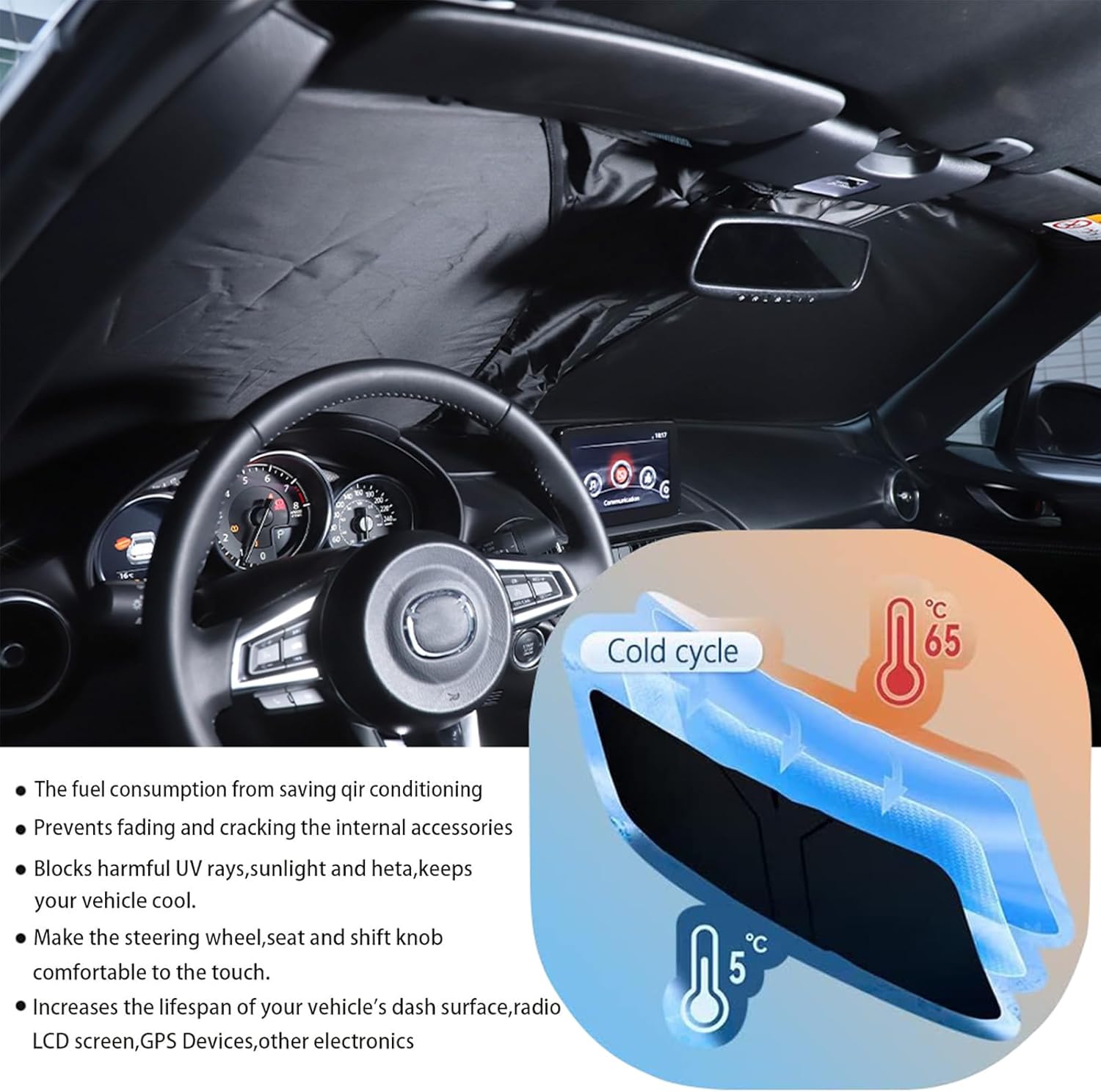 The Original Windshield Sun Shade for Mazda MX-5 ND Fiat Abarth 124 2016 2017 2018 2019 2020 2021 2022 2023 2024 2025+ Car Windshield Reflective Sunshade Protector Sun Shade Accessories (Silver)