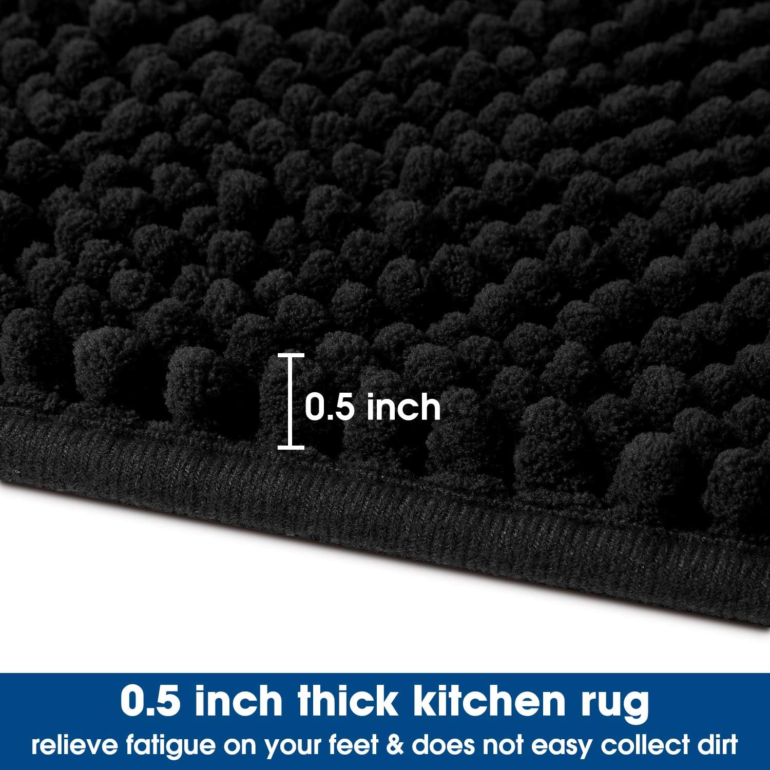 HOMEIDEAS Kitchen Rugs and Mats Set 2 Piece, (30"X17"+48"X17") Black Chenille Kitchen Runner Rug for Floor Non Skid Washable, Soft, Absorbent, Long Kitchen Comfort Mat for Floor in Front of Sink