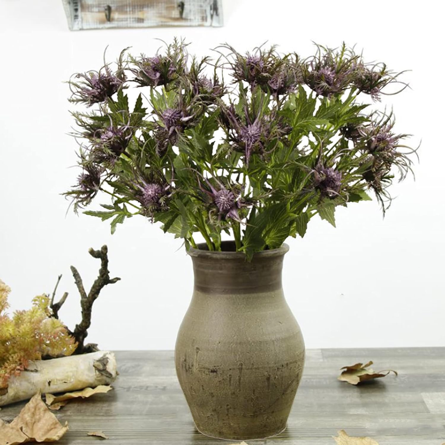 GREENSTORE Artificial Thistle Flowers Purple Eryngium Flowers 3 Long Stems Faux Thistles Bunch Simulation Sea Holly Real Touch Faux Plant for Wedding Bouquet Centerpiece Home Decor