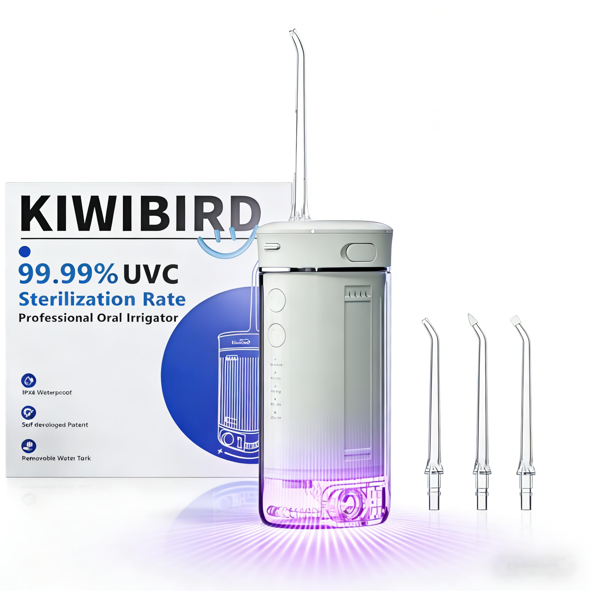 KIWIBIRD Mini Water Flosser for Travel Ultra-Portable Cordless Oral Irrigator with UVC Light IPX8 Waterproof 3 Modes 230mL
