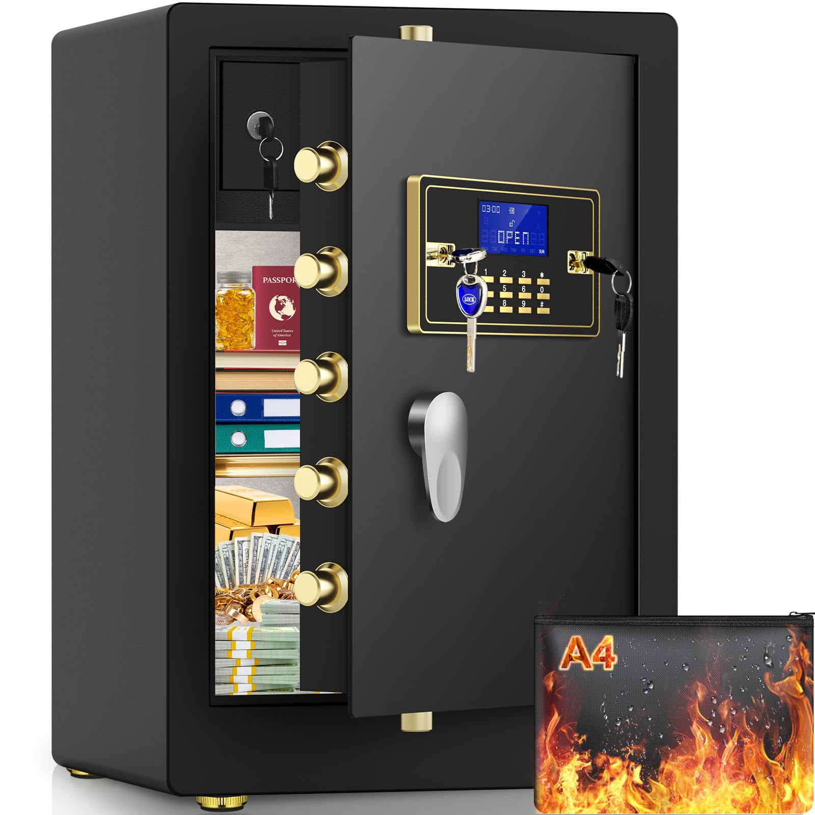 4.0 Cu Ft Large Home Safe Fireproof Waterproof, Fireproof Safe Box with Fireproof Document Bag, Double Safety Key Lock and Separate Lock Box, Anti-Theft Digital Security Box for Home Hotel Office