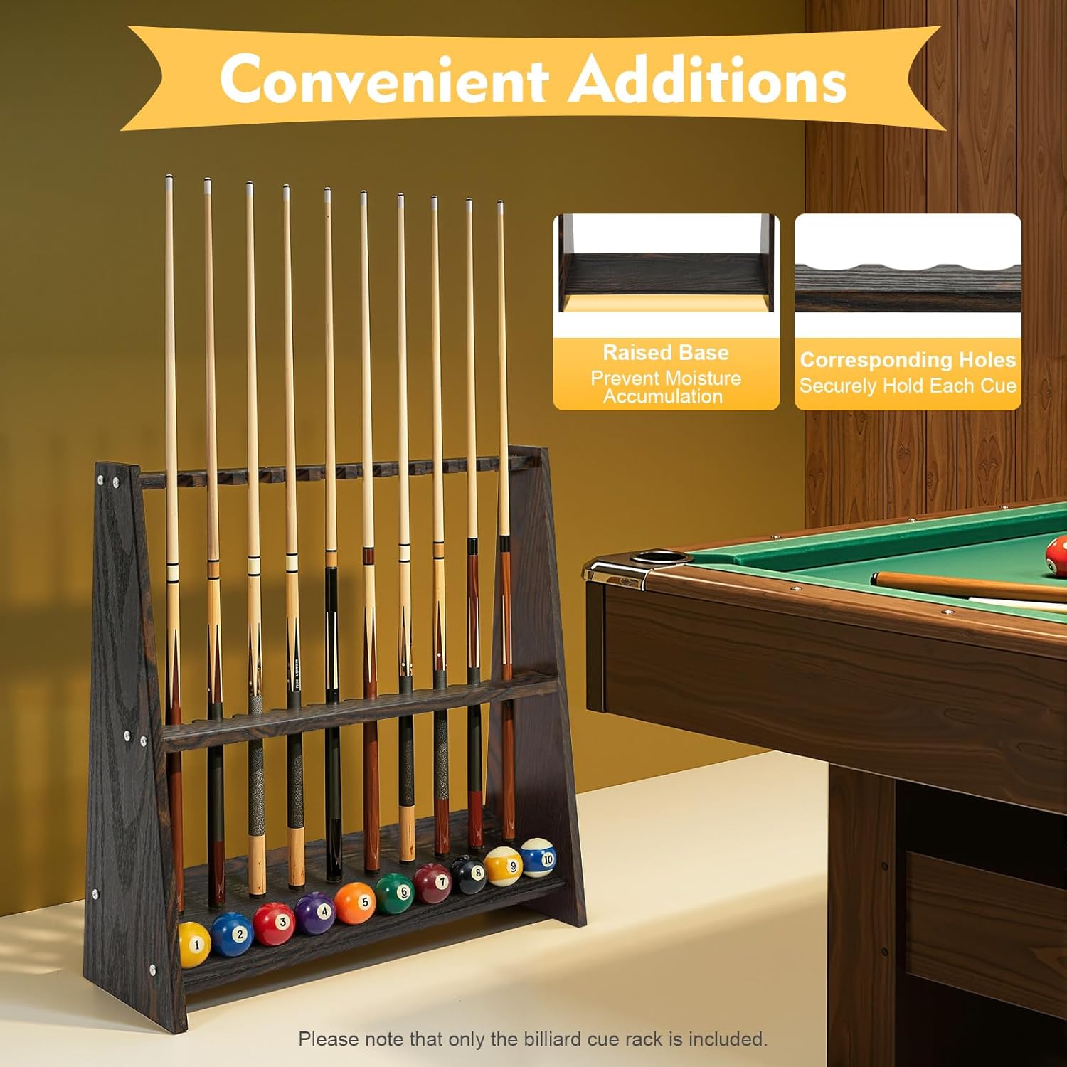 10-Hole Billiard Cue Holder, Wood Grain Pool Stick Floor Stand, Single Row Vertical Cue Rack for Home Game Room Bar, Space Saving Corner Rack with Wide Base 7.9", Brown