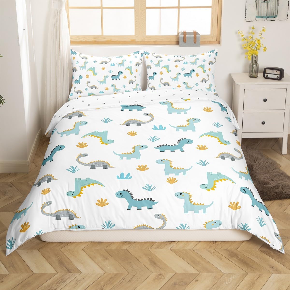 Erosebridal Kawaii Sheep Duvet Cover Toddler Size, Kids Cartoon Cactus Microfiber Bedding Sets No Comforter for Kids Boys Girls, Cute Animals Print Bed Cover for Bedroom, Green Blue Hills Bedroom Set
