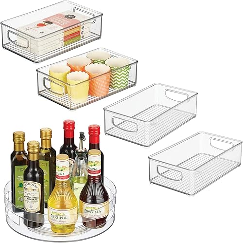 mDesign Juego de 5 cubos de almacenamiento de plástico con asas y tocadiscos Lazy Susan de plástico abierto con ventilación para cocina despensa