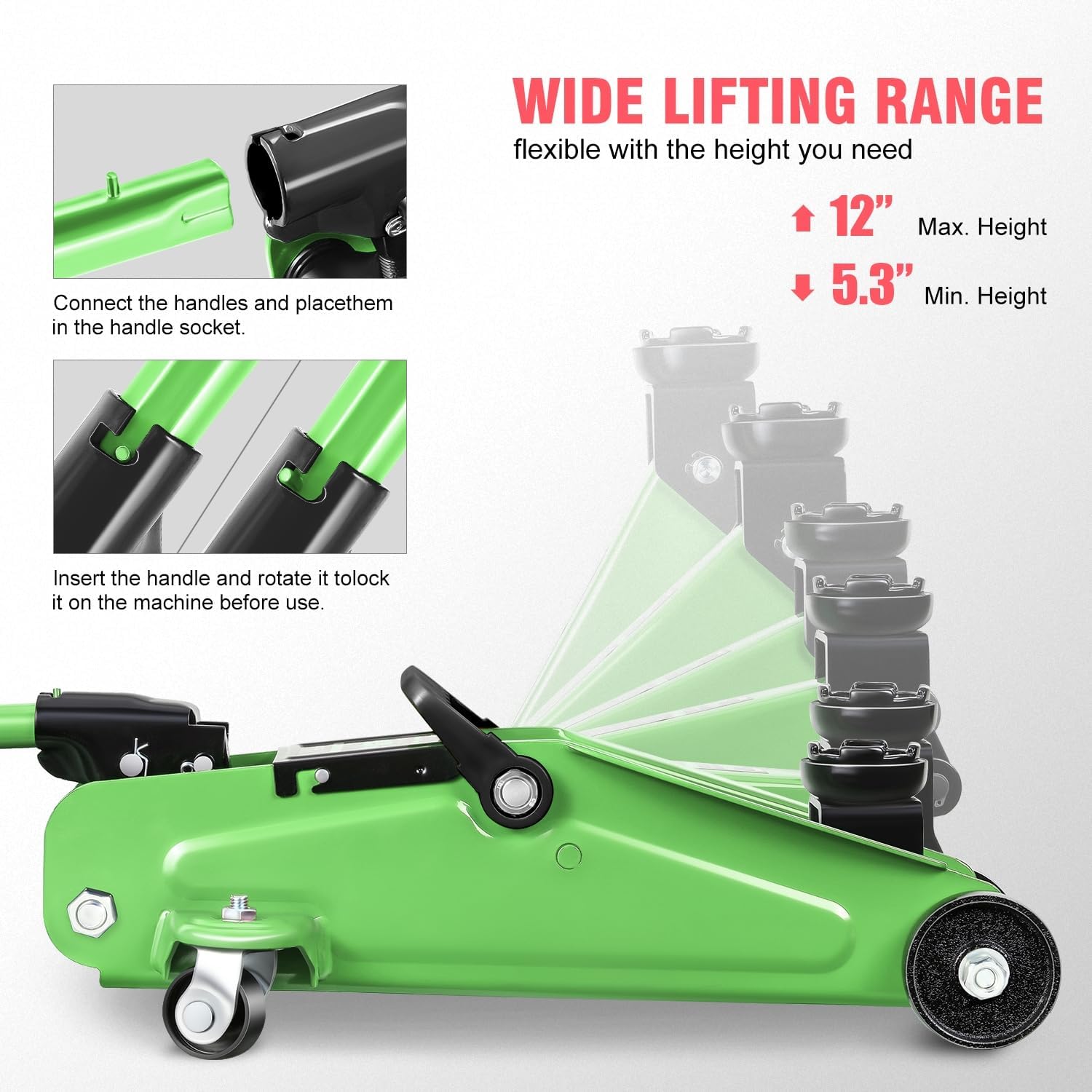 PM PERFORMOTOR Low Profile Hydraulic Trolley Service/Floor Jack, 1.5 Ton (3000 lbs) Capacity, Lifting Range 5.3"-12",Green,PM-TOL-FJ15-GR