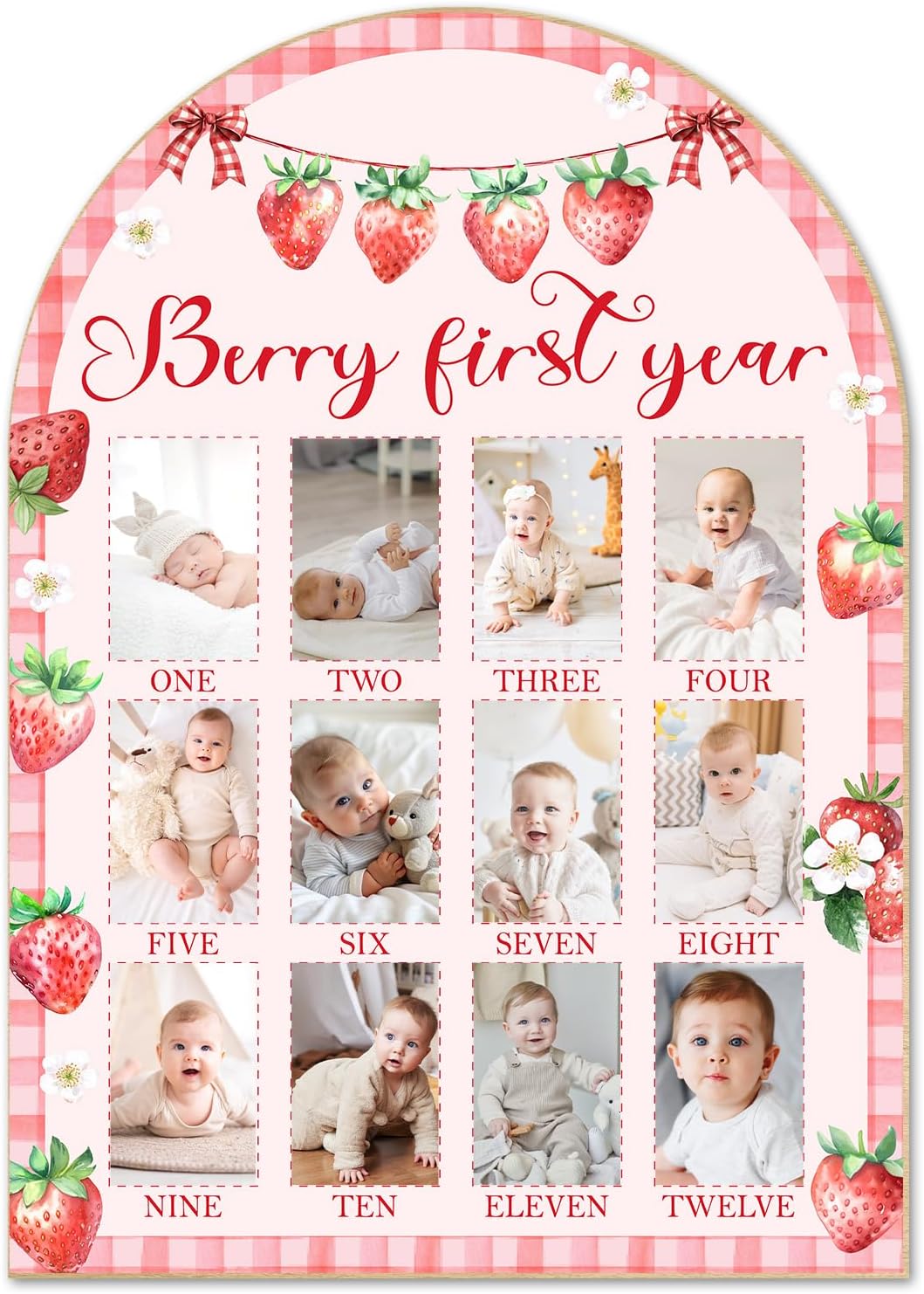 Berry First Year Photo Board - Newborn 12 Months Milestone Wooden Photo Board, Strawberry Theme First Birthday Decorations, Baby Keepsake Gift Supply (Fit 2x3in Pic) -17