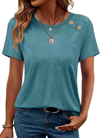 TICTICMIMI Womens Crew Neck Button Detail T Shirts Summer Short Sleeve Tees