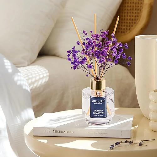 Miniatura 4 de Airkeep Juego de 3 difusores de varillas de lino limpio con niebla oceánica y sal marina, lavanda, aceite de eucalipto, difusor de varillas para