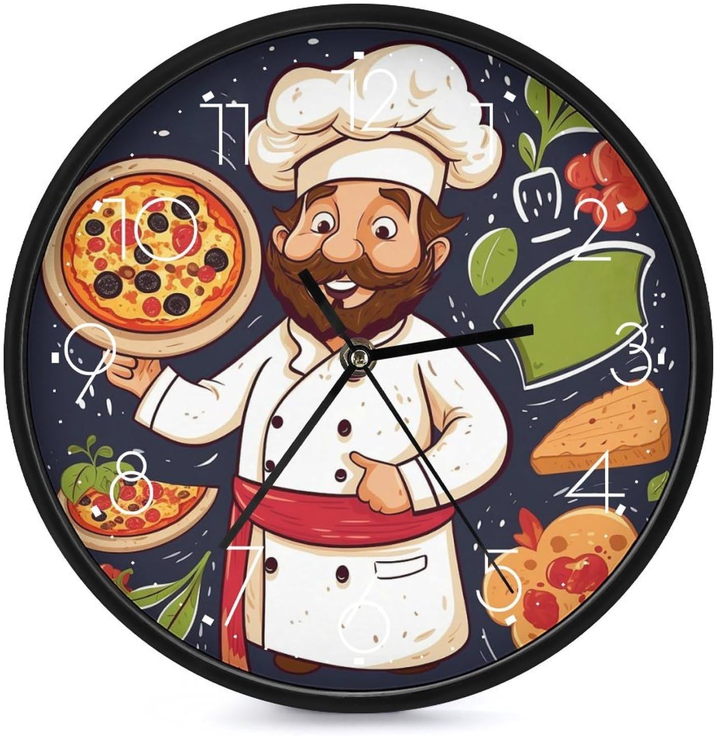 Chef Pizza Round Wall Clock Silent Clock 10 Inch