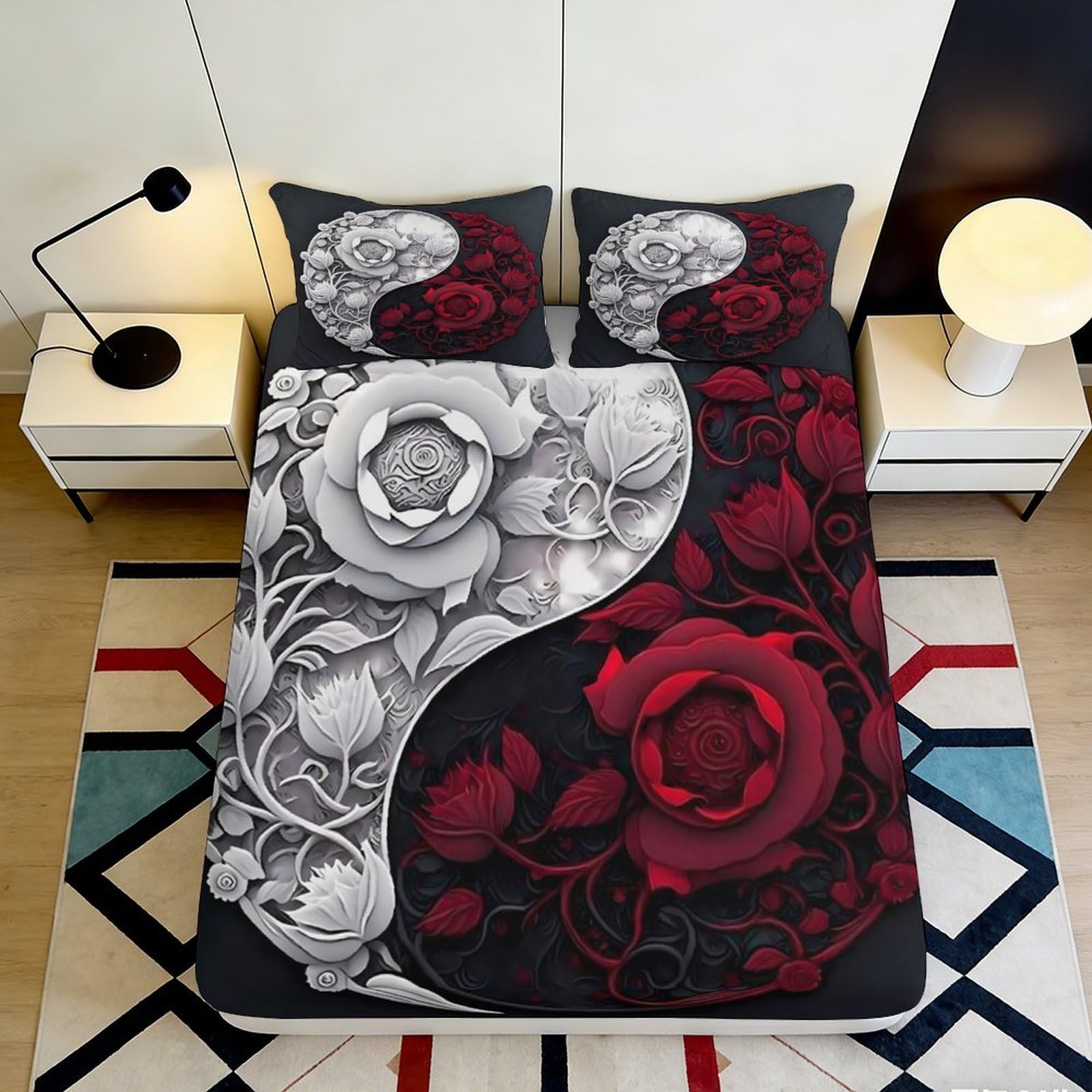 3D Printed Floral Rose Fitted Sheet Microfiber Deep Pocket Bedroom Set Non-Slip Yin Yang Rose Mattress Fitted Cover 140x200x25cm