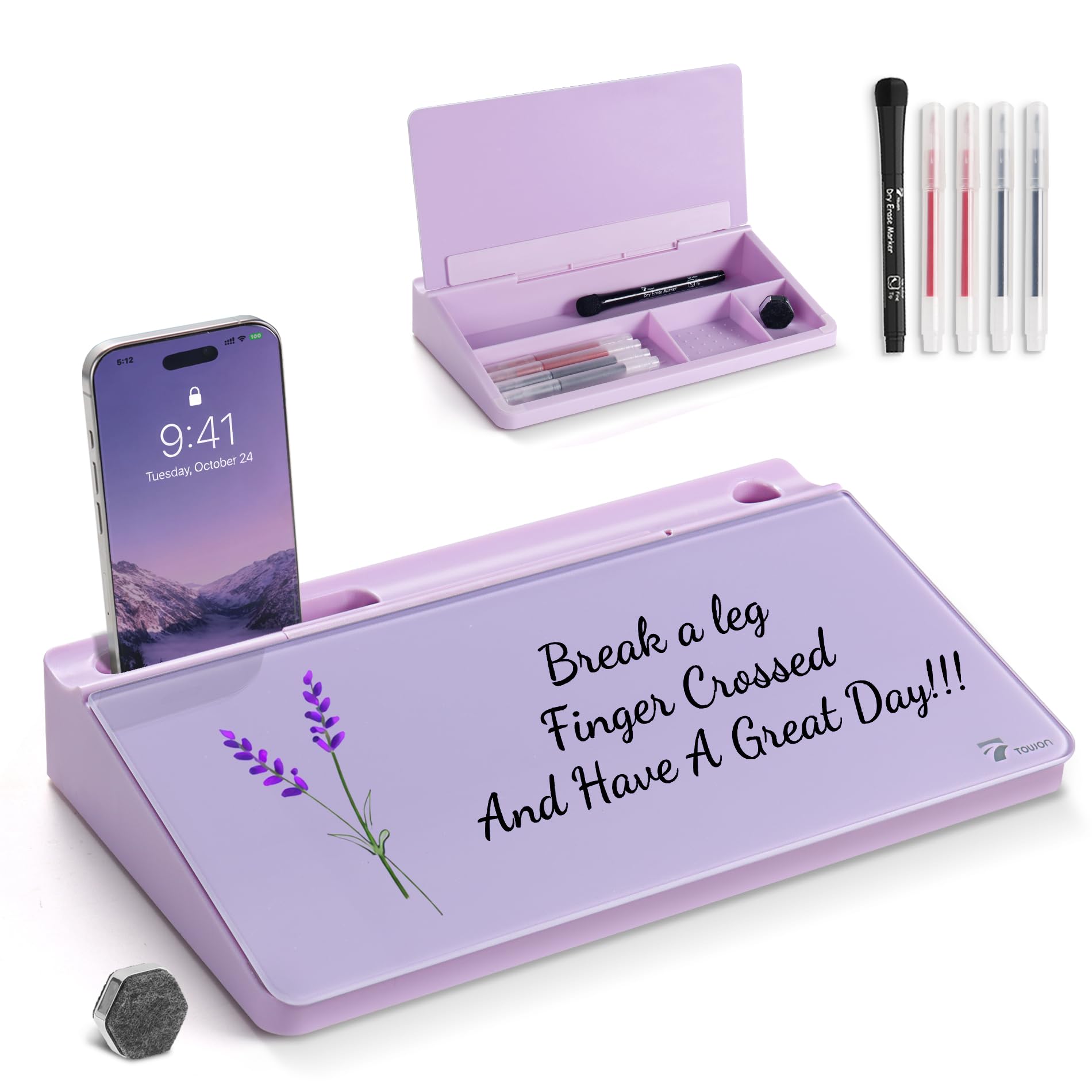TOWON Small Glass Desktop Whiteboard with Storage – 30 x 17 cm Dry Erase Board for Desk, Home Office, School | Includes 5 Markers, Eraser & Holder | Space-Saving Organizer, Aesthetic Lavender Design