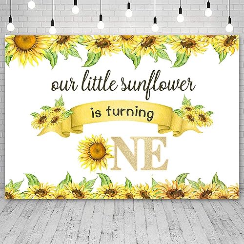 Miniatura 2 de Telón de fondo de feliz cumpleaños de 7 x 5 pies para bebé, niño y niña, con texto en inglés "Our Little Sunflower is Turning One", fondo blanco