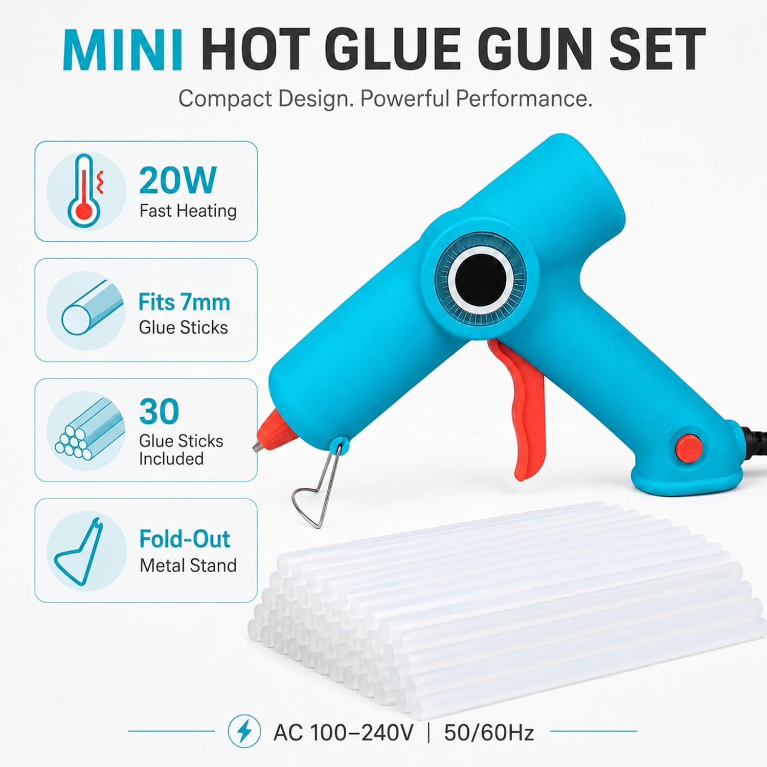 20W Mini Hot Glue Gun Kit with 30PCS 7mm Glue Sticks for Crafts | Fold-Out Metal Stand for Stable Placement