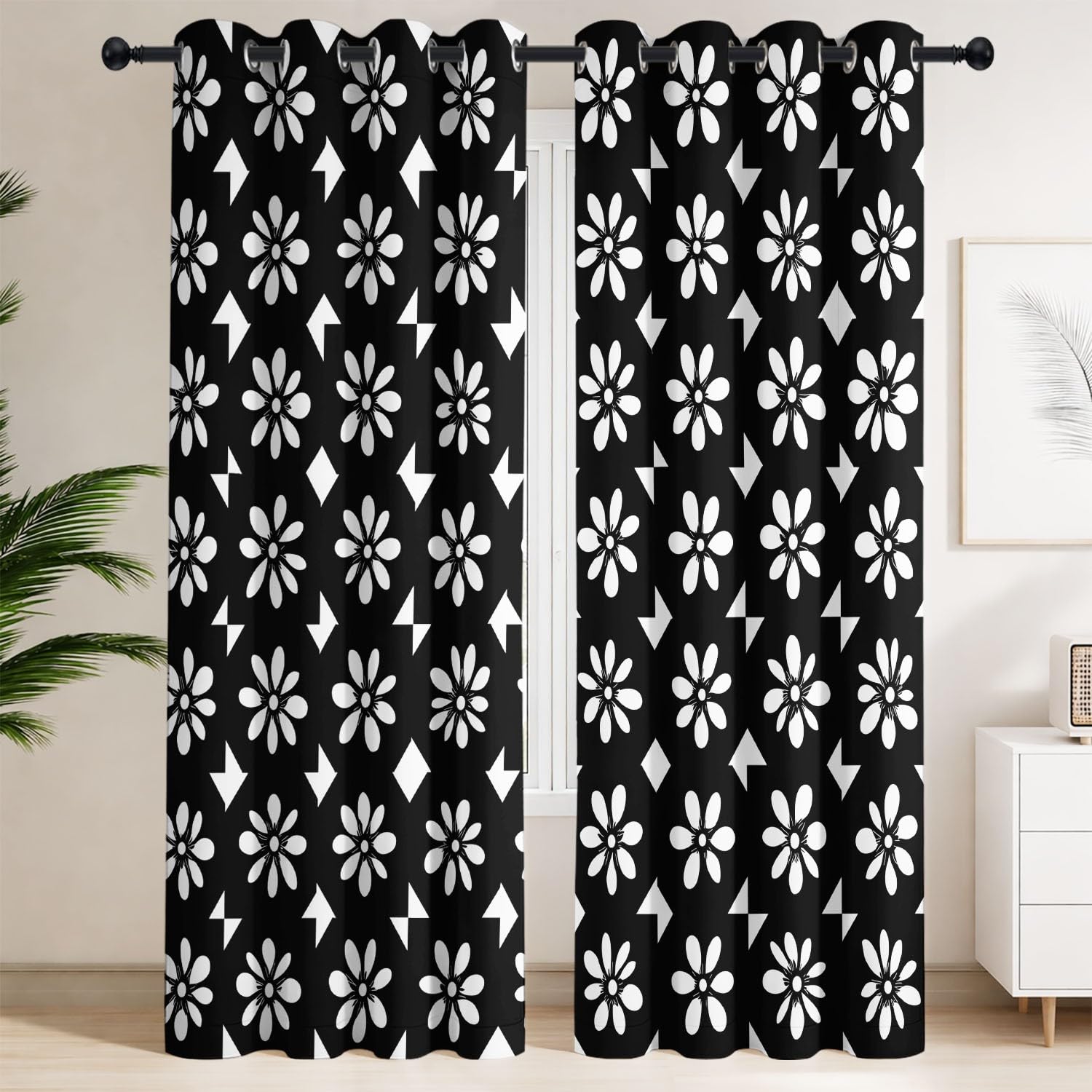 Generisch Schwarze siebenblättrige Blumen, Weiße Blumen Vorhänge Blickdicht 215 x 140 cm | Gardinen 2er Set - Retro-Trend, Nahtloses Schachbrettmuster - Verdunkelungsvorhänge für Hauptschlafzimmer