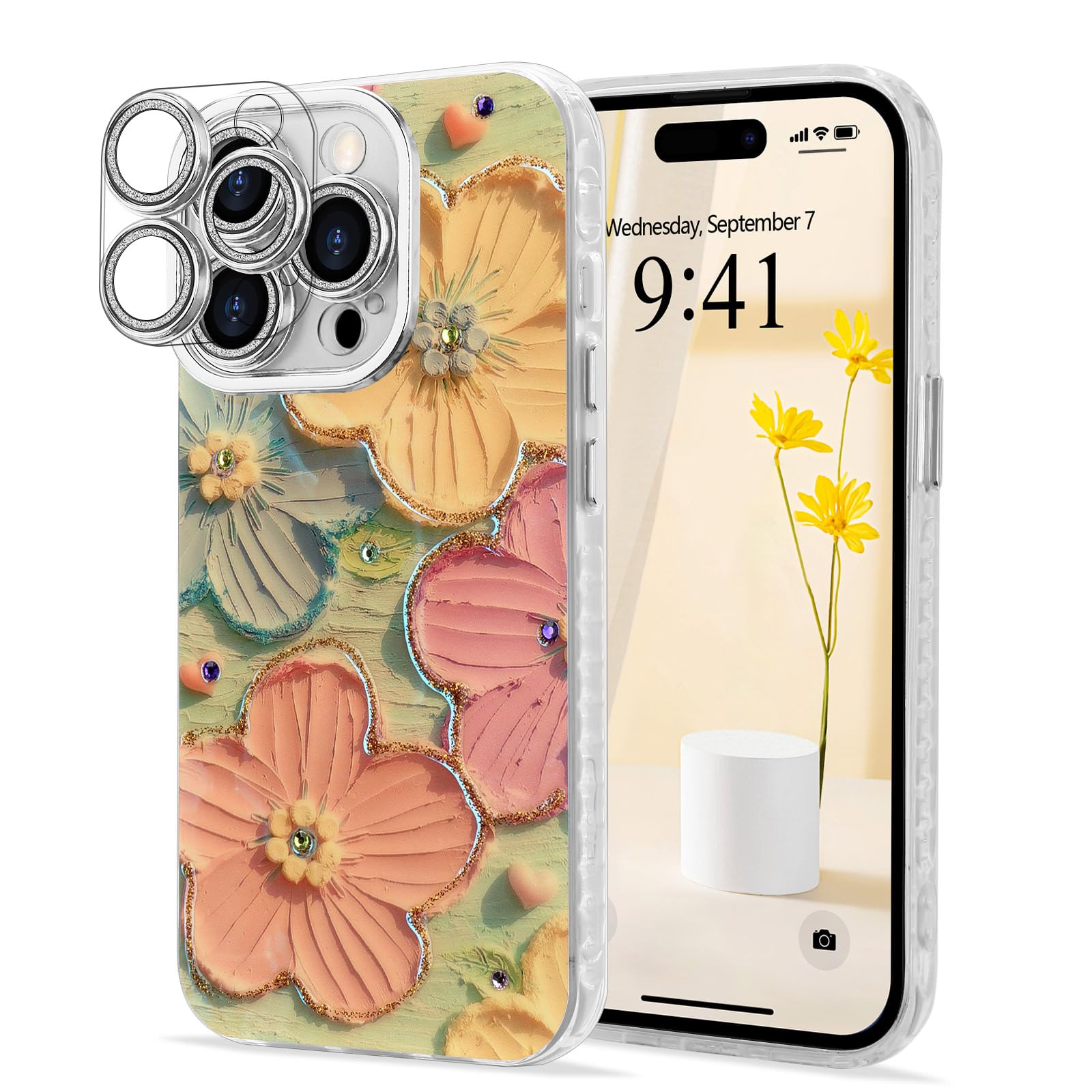 Lafunda for iPhone 14 Pro Max Case for Women Girls, Cute Colorful Retro Oil Painting Flower Floral Elegant Bling Diamond Camera Cover TPU Shockproof