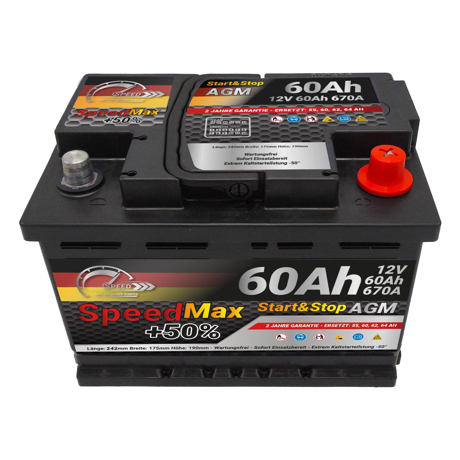 Batteria per auto Speed Max 60 Ah Tecnologia AGM 670A, adatto per veicoli con sistema Start Stop | adatto per veicoli con sistema Start Stop