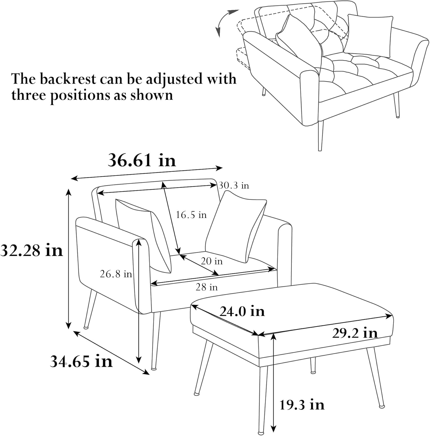 Velvet 2 in 1 Chaise Lounge Chair Indoor with Ottoman,Modern Sofa Bed with 3 Reclining Angles,Armrests,Convertible Sleeper Chair Bed for Living Room Bedroom Apartments Office (Beige-New Velvet)