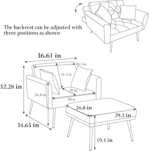 Miniatura 2 de Tumbona de terciopelo 2 en 1 para interiores con otomana, moderno sofá cama con 3 ángulos reclinables, reposabrazos, silla convertible para sala de