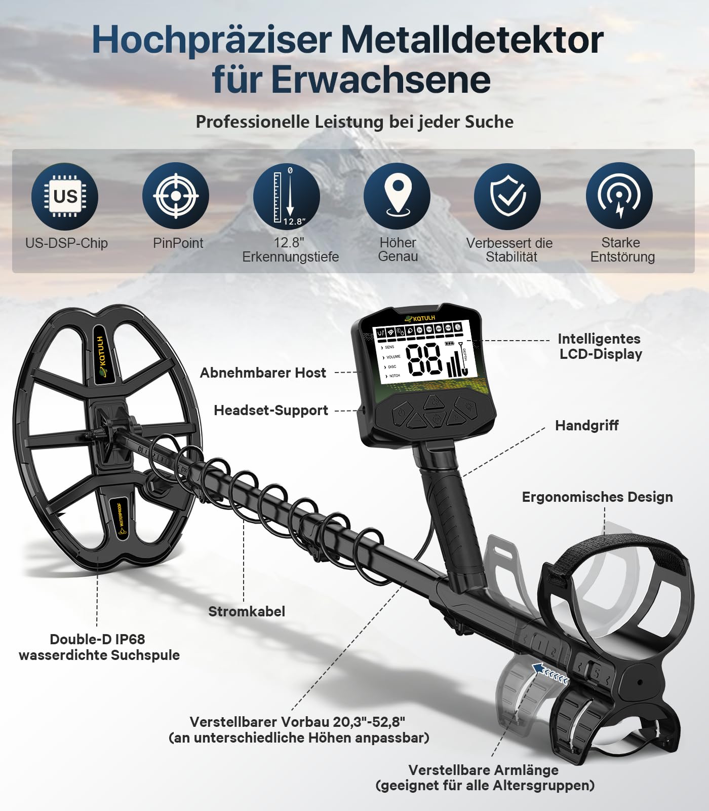 Metalldetektor – Hochpräziser Metallsuchgerät für Erwachsene mit 32,5 cm hter Suchspule, fortschrittlicher DSP-Chip, All-Metal & Disc Modes, ideal für Strand&Schatzsuche im Freien,Geschenk für Männer