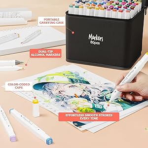 Alcohol Markers, 120 Colors Dual Tip Markers Broad Brush Tip and Fine Tip, Marker for Coloring Drawing Painting Art, Alcohol Marker Set with Case for Adults Kids (White Barrel)