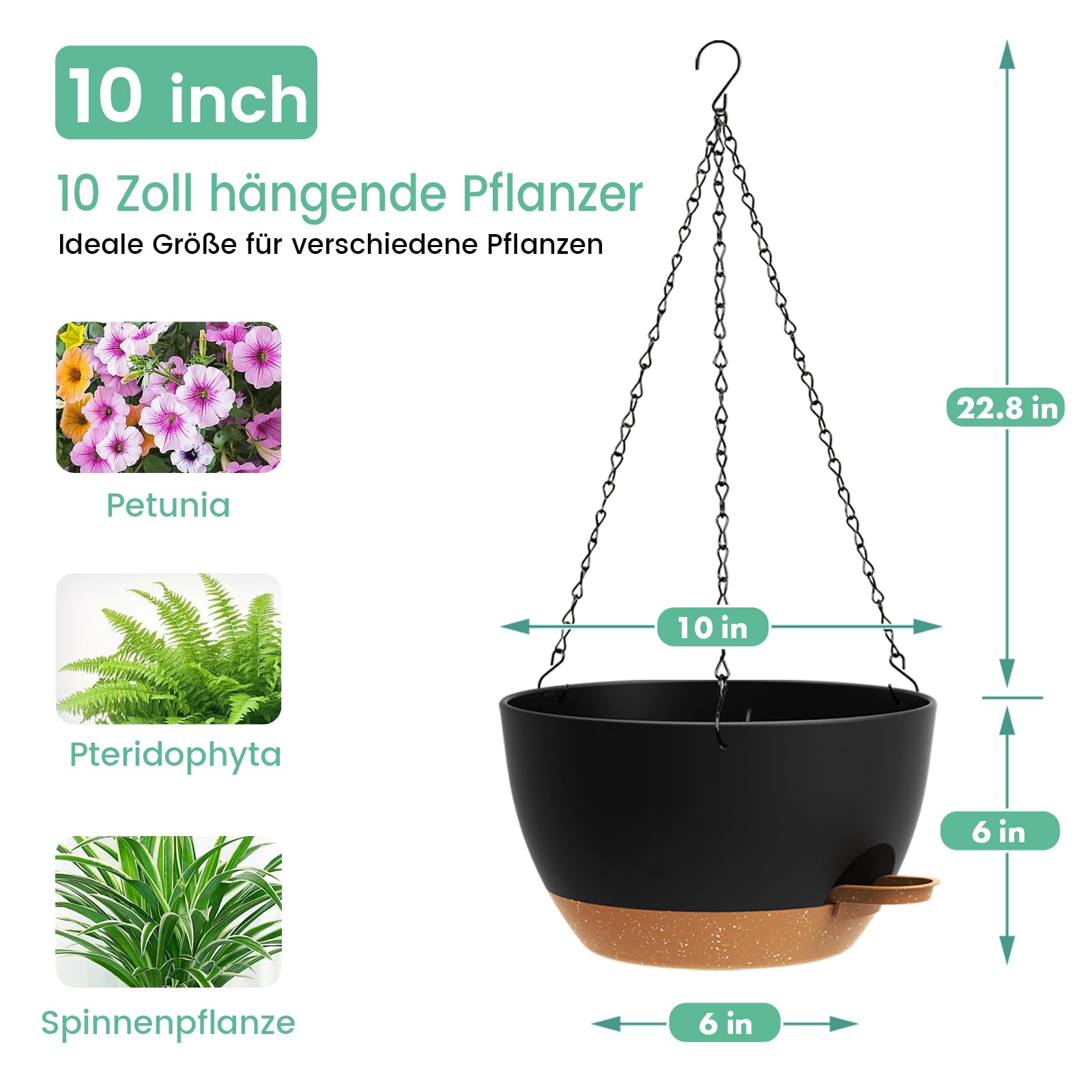 Homeuouz Juego de 2 maceteros colgantes autoregantes de 25 cm – Maceta colgante para interior y exterior, macetas colgantes con drenaje para balcón, salón, cocina, color negro con marrón