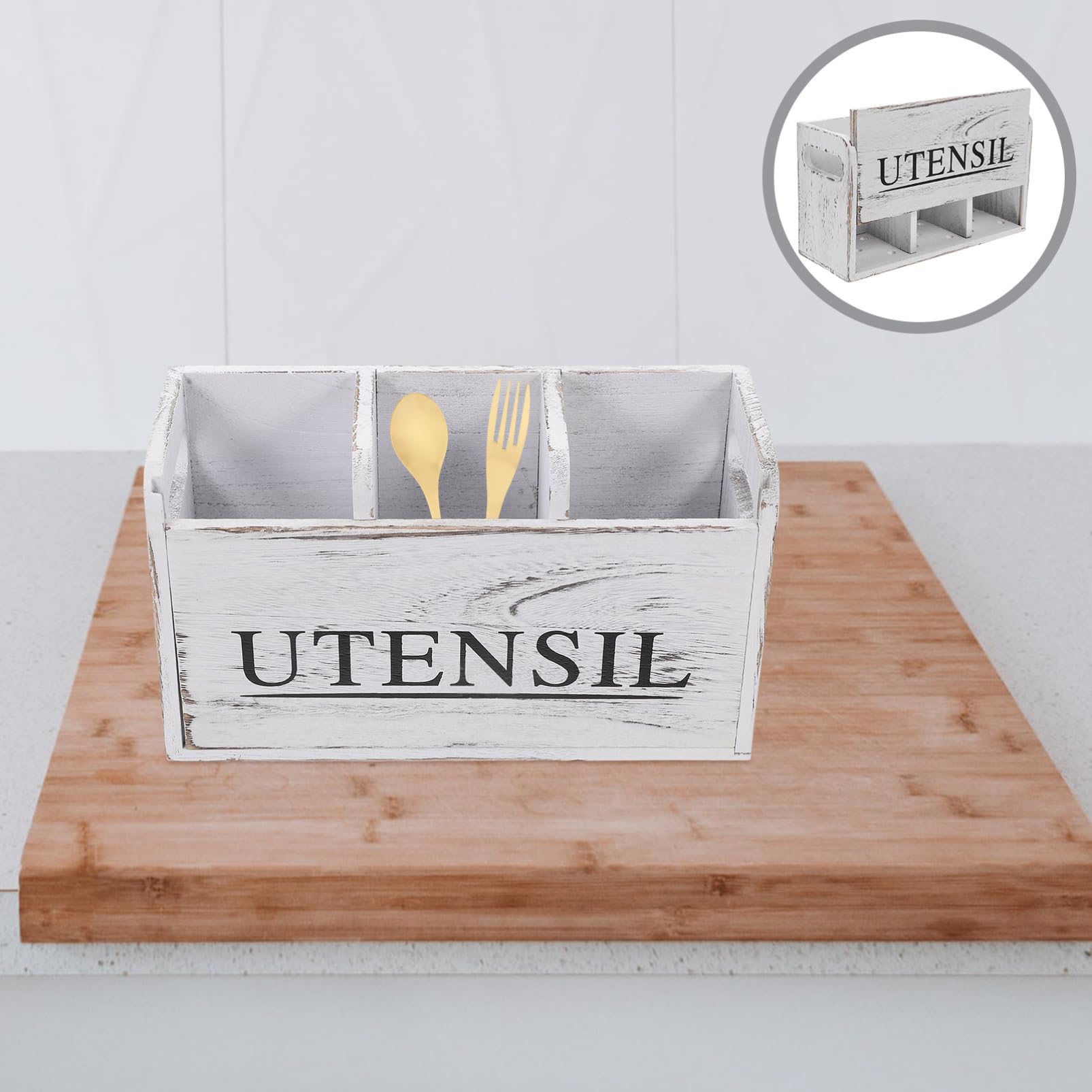 Healifty Porta Cubiertos Grande de Madera con Compartimentos Blanco Rústico | Organizador de Cubiertos para Mesa, Uso en Estudio y Escritorio, Diseño Multifuncional de Estilo Elegante
