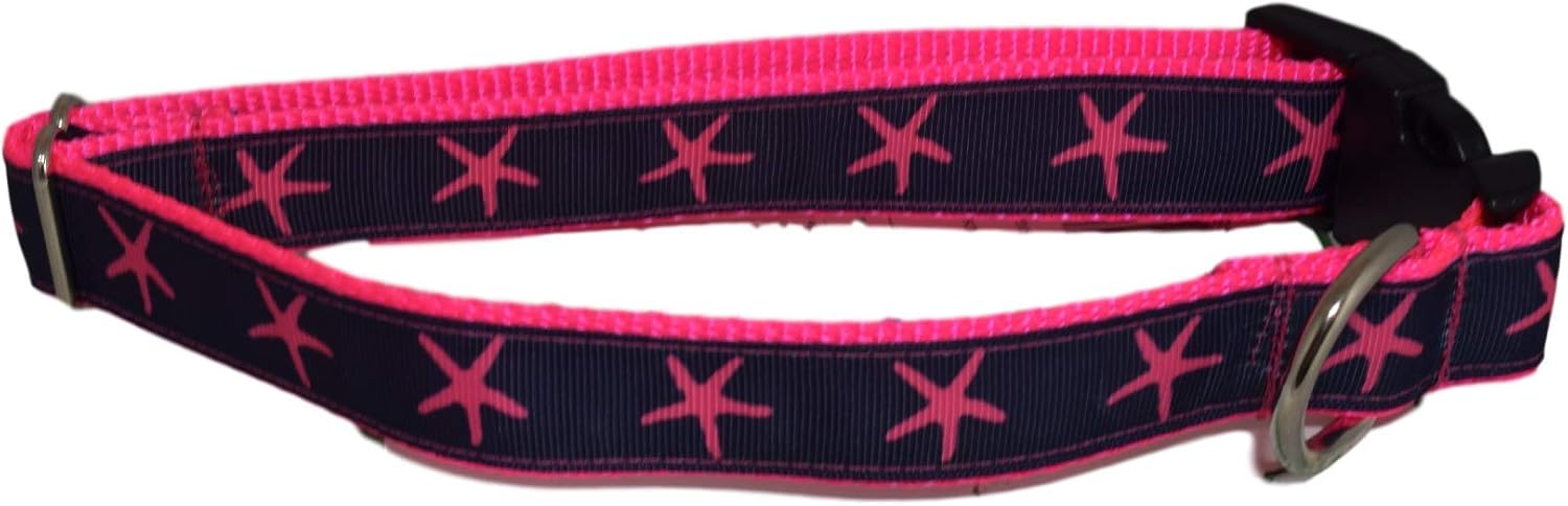 JUS LABS Collections - Cool Printed Dog Collar - Best Training Tool Set for Male and Female Puppy - Nautical Collars: Handmade Collars w/ 60" Leash - Pink Star Fish (Medium)