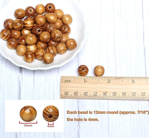 Miniatura 2 de 300 cuentas de madera de 0.472 pulgadas (0.472 in), cuentas de madera redondas naturales a rayas, color marrón claro, cuentas espaciadoras sueltas