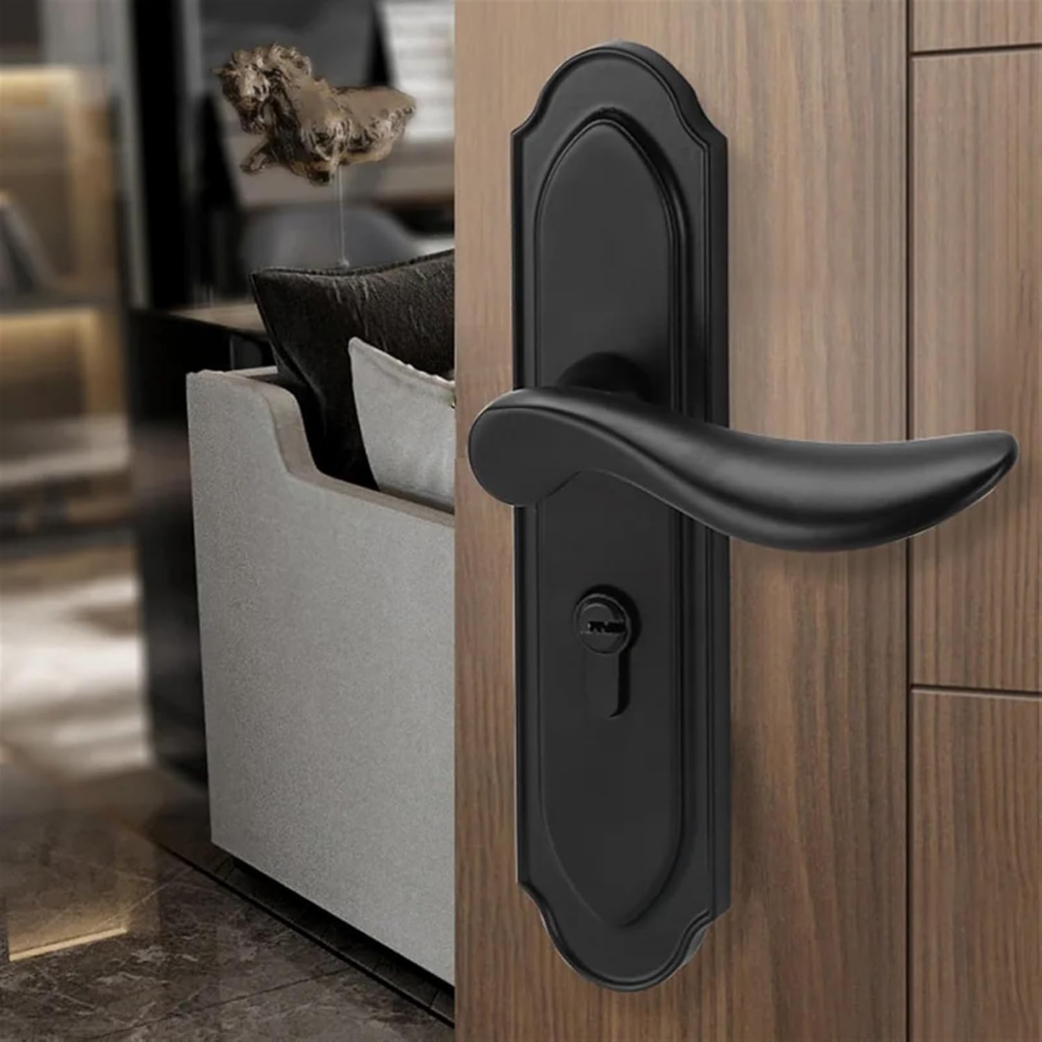1Pcs Black Silent Anti-Theft Door Lock Bedroom Door Handle Lock Indoor Modern Solid Wood Panel Door Lock Silent Lock